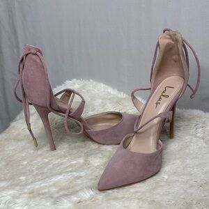Lulu's Dusty Rose Suede Pointed-Toe Lace-Up Stilettos